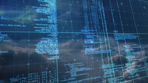 Digital code overlay floating over dark blue network grid, highlighting Stock Footage 307857858