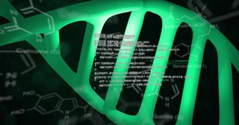 Digital code overlay on glowing DNA strand, illustrating genetic research Stock Illustration