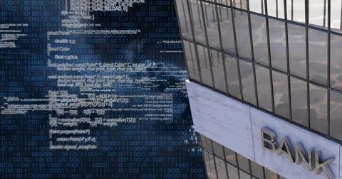 Digital code overlaying bank building, representing fintech and cybersecurity Stock-Fotos