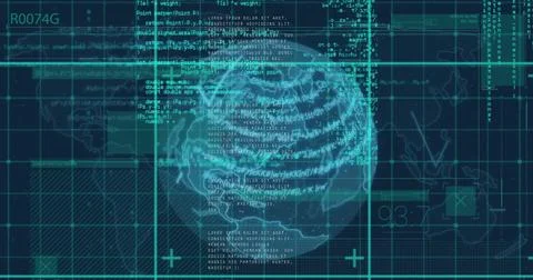 Digital code overlaying globe, representing global cybersecurity and data 스톡 일러스트