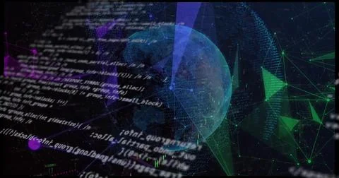 Digital code overlaying globe, representing global technology and finance Stock-Fotos