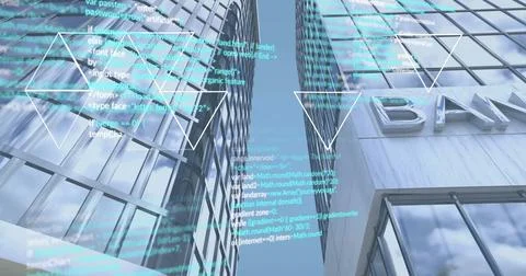 Digital code overlaying office buildings, representing financial technology 写真素材