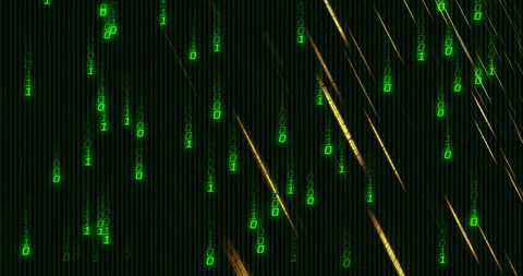 Digital code rain streaming down black, showing green binary columns with golden Stock Footage 308659717