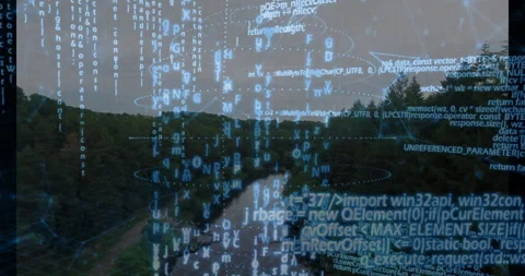 Digital code streams floating over forest river valley, blending nature and tech Stock Footage 307431651