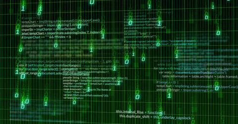 Digital code text streaming in virtual grid, with bits, neon-green grids and Illustrazione stock