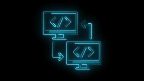 Digital code transfer process between two monitors in cyan neon light Stock Footage 309910955
