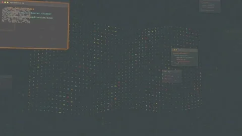 Digital code windows floating over a dark abstract data background with glowing Stock Footage 339972528