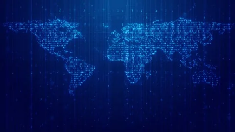 Digital code world map visual with cyan binary continents, blue grid, falling sy Stock Footage 340554140