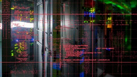 Digital codes and server towers Stock Footage 107674026