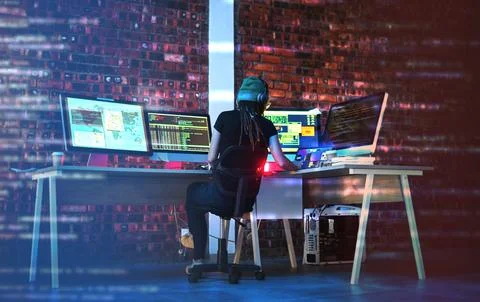 Digital coding, hacker woman and computer monitor for cybersecurity, programming Foto stock