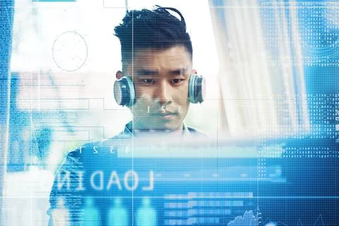 Digital coding, headphones and overlay with programmer man in office for ma.. Stock-Fotos