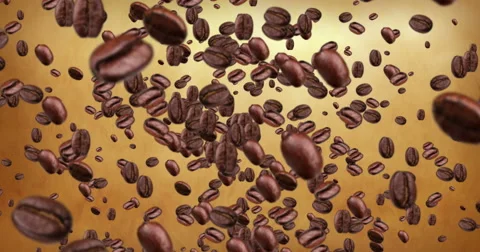 Digital coffee beans flying in vortex on golden background with fade out Video stock 52824960