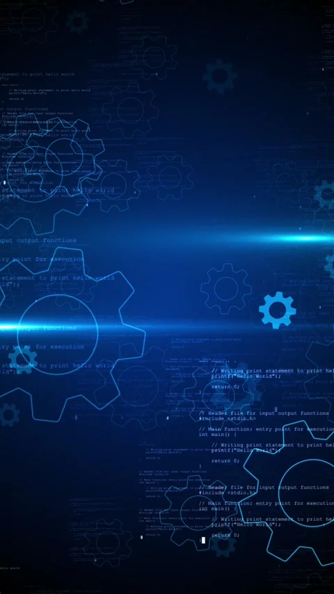 Digital cog process interface with blue gears, programming code, dark tech 動画素材 333974090