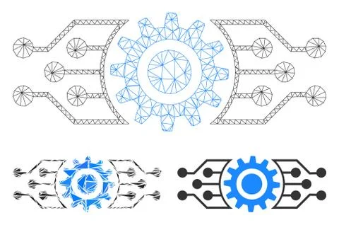 Digital Cog Vector Mesh Wire Frame Model and Triangle Mosaic Icon Stock Illustration