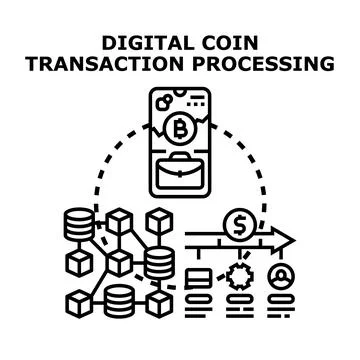Digital coin transaction processing and blockchain technology concept 스톡 일러스트
