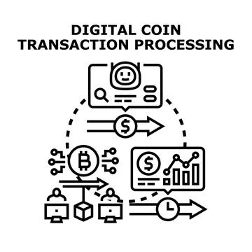 Digital coin transaction processing and cryptocurrency exchange Illustrazione stock