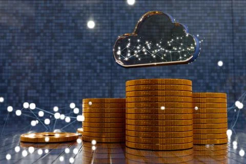 Digital coins stacked with cloud and network lights Illustrazione stock