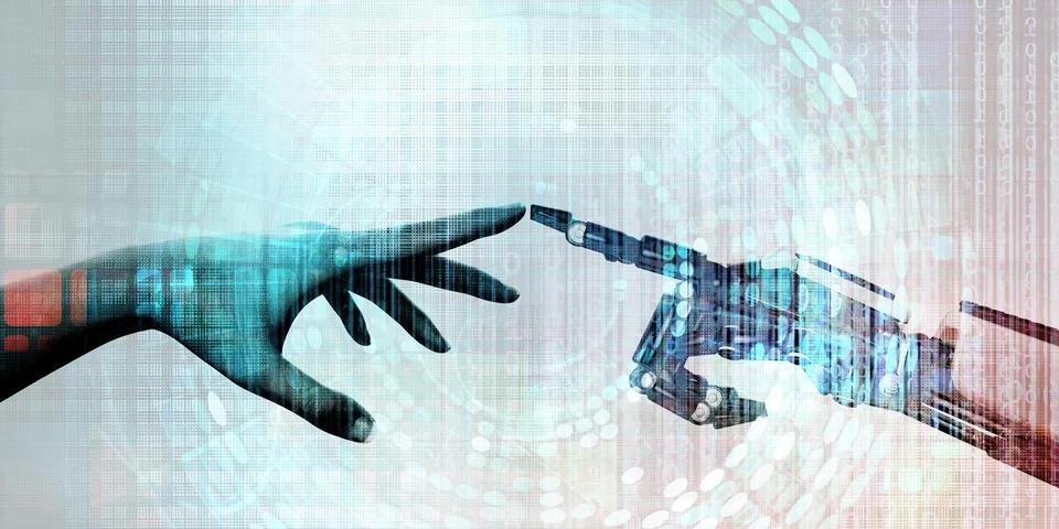 Digital Collaboration Between Human Intelligence and Robotics Stock Illustration