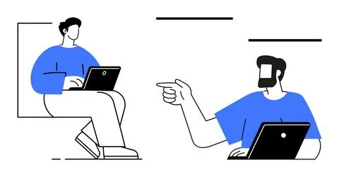 Digital Collaboration Between Two Individuals Working on Laptops Stock Illustration