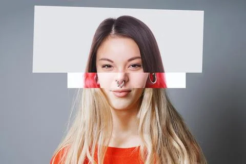 Digital collage of 3 different young women of asian and europen descent - Stock Photos