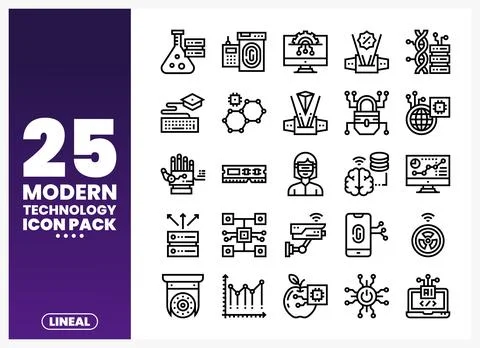 A digital collection of modern technology icons. presented linearly on a gr.. Stock Illustration