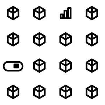 A digital collection of outline cube icons and UI graphic symbols on white .. Stock Illustration