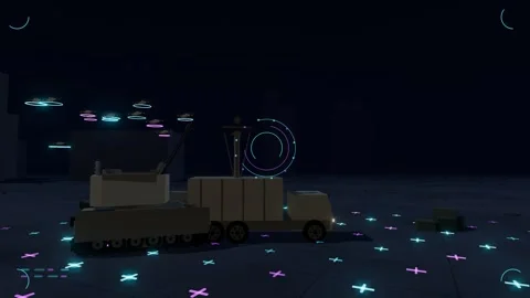 Digital combat network guides drones above a ruined city at night drone 库存影片 342908491