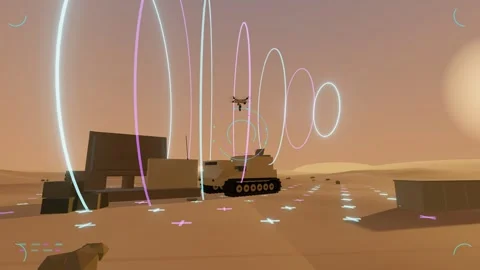Digital combat network guides drones over a desert command post at gold Vídeos de archivo 342908628