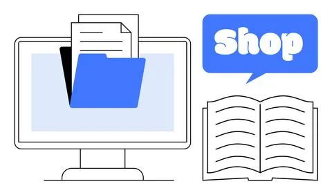 Digital Command Center Featuring Computer, Folder, Shop Sign, and Open Book Illustrazione stock