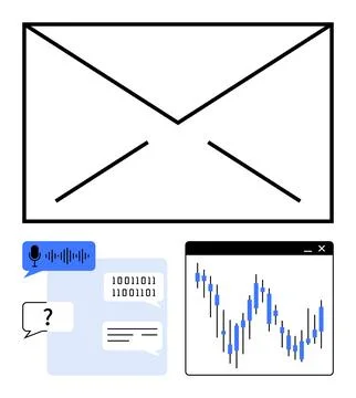 Digital communication and analytics displayed with envelope, voice message, text Ilustración de archivo