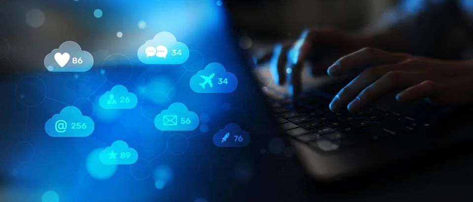 Digital Communication and Cloud Interaction Network Displayed on a Smart Devi Stock Photos