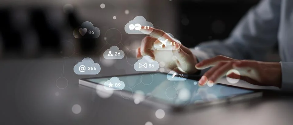 Digital Communication and Cloud Interaction Network Displayed on a Smart Devi 写真素材