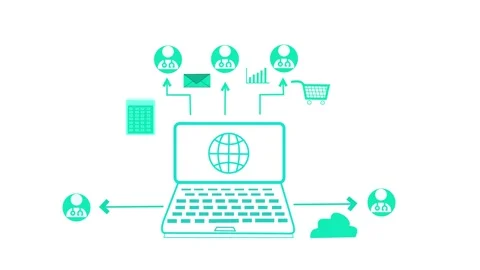 Digital Communication and Commerce Animation, Animated of a laptop with ico.. Stock Footage 315001093