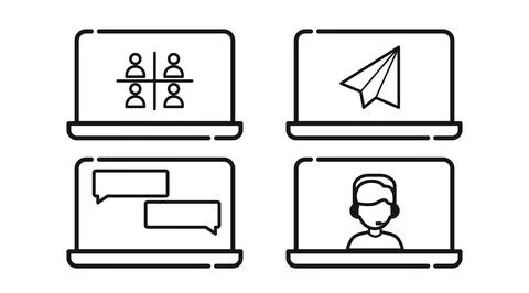 Digital communication and remote team work laptop computers vector icons Illustrazione stock