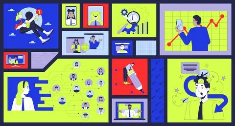 Digital communication and remote work analytics bento grid illustration set Illustrazione stock