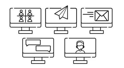 Digital communication and remote work computer set Ilustración de archivo