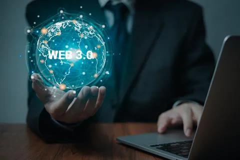 Digital communication and virtual screen metaverse technology globe interne.. Stock Photos