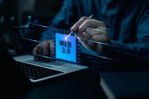 Digital communication and virtual screen Web 3.0 concept image with a man u.. Stock Photos
