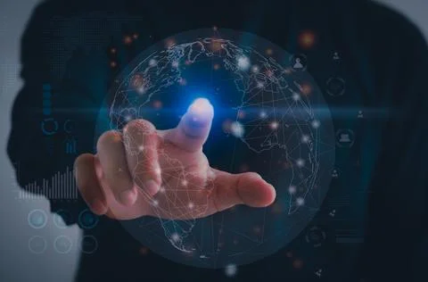Digital communication and virtual technology concept WEB 3.0.hand touch globe Stock Photos