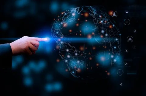 Digital communication and virtual technology concept WEB 3.0.hand touch globe Stock Photos