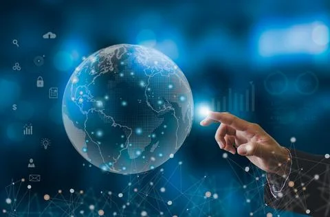 Digital communication and virtual technology concept WEB 3.0.hand touch globe Stock Photos