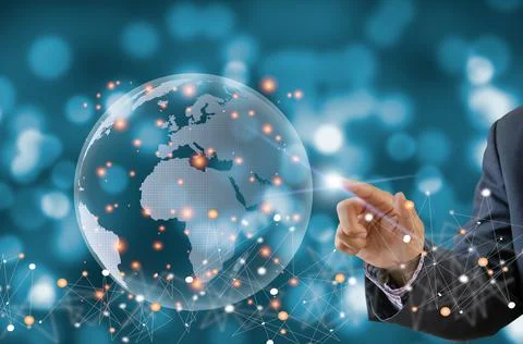 Digital communication and virtual technology concept WEB 3.0.hand touch globe 写真素材
