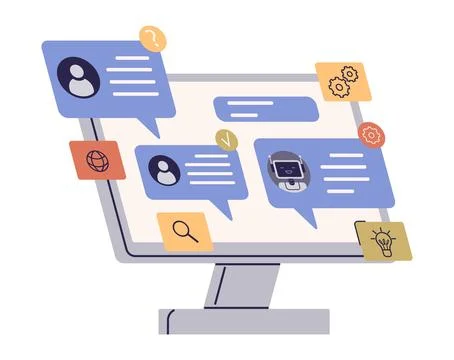 Digital Communication on Computer Screen with Messages from Users and AI Ch.. Stock Illustration