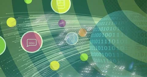 Digital communication concept with binary code and icons floating in virtual Stock Photos