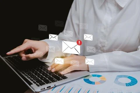 Digital Communication Concept with Email Notifications and Charts, Business.. Stock Photos