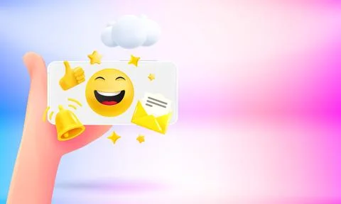 Digital communication concept. Hand holding smartphone. 3d vector banner wi.. Ilustração Stock