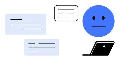 Digital Communication Concept with Text Boxes, Laptop, and Neutral Face Icon Stock Illustration