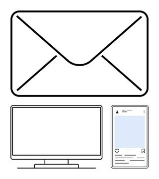 Digital Communication Elements Including Email, Computer, and Social Media .. Stock Illustration