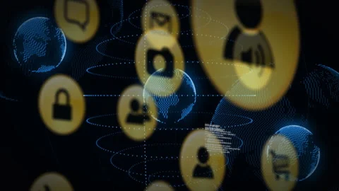 Digital communication icons connecting globe in network animation with global Stock Footage 303675611