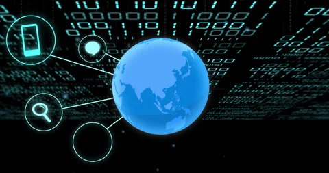 Digital communication icons connecting to globe over binary code background Stock Footage 310867347